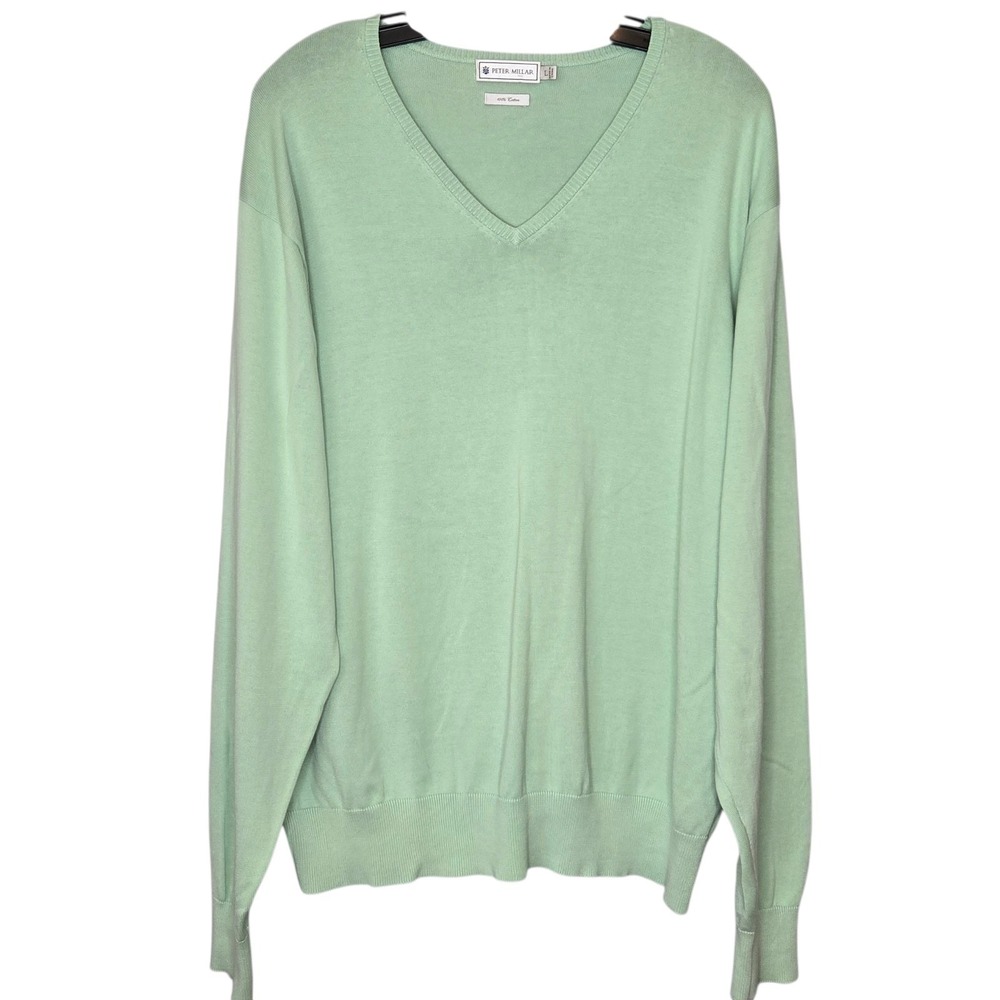 Peter Millar Sweater Large L Green V-Neck 100% Cotton Solid Long‎ Sleeve Classic
